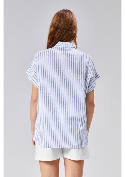 Kadın Çizgili Kol Katlamalı Kısa Kol Keten Gömlek