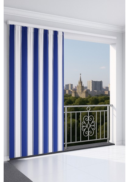 Mavi Beyaz Su Geçirmez Halkalı Bağcıklı Balkon Perdesi Branda modelleri