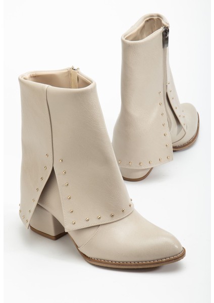 Kadın Sivri Burun Bej Cilt Detaylı Topuklu Bot