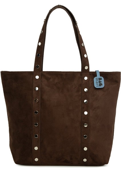 Kahverengi Trok Detaylı Süet Büyük Tote Çanta