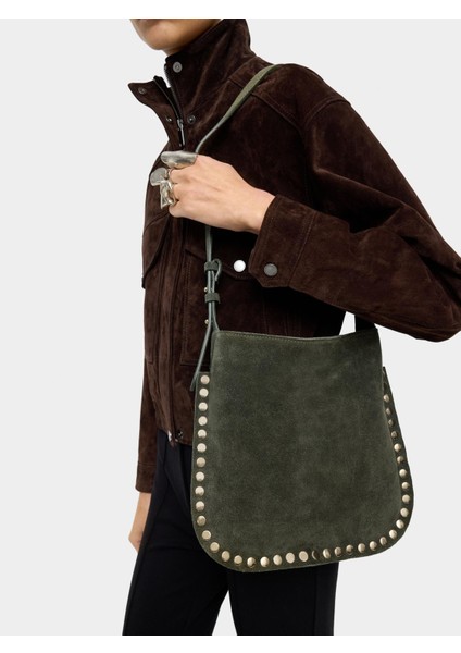 Zımba Detaylı Süet Deri Çapraz Askılı Çanta