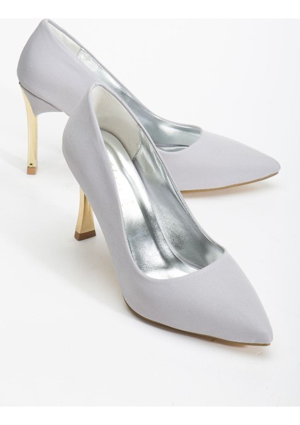 Kadın Gümüş Saten Sivri Burun Ince Topuklu Stiletto