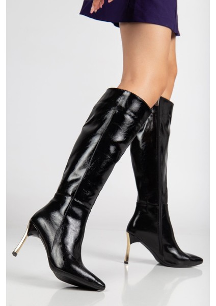 Kadın Siyah Rugan Sivri Burun Ince Topuklu Çizme fırsatları