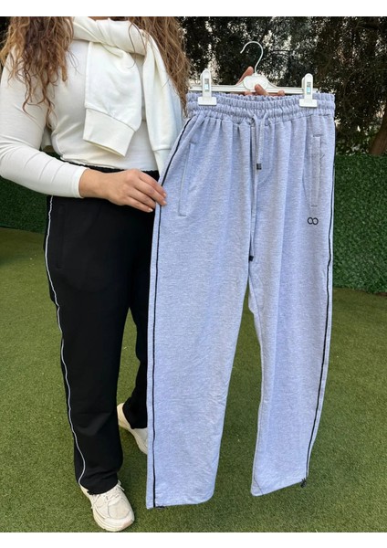 Şerit Çizgili Gri Düz Paça Lastikli Eşofman Altı fiyatları