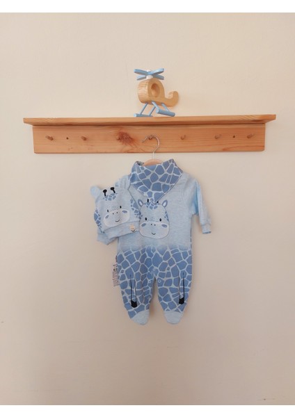 %100 Pamuk Zürafa Desenli Patikli Bebek Tulum 3'lü Set