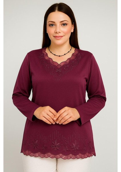 Rahat Kesim V Yaka Etek Ucu Tül Inci Işlemeli Mürdüm Anne Penye Bluz