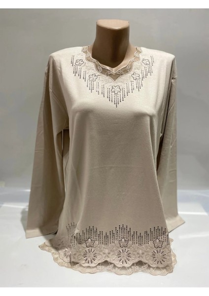 Rahat Kesim V Yaka Etek Ucu Tül ve Inci Işlemeli Krem Anne Penye Bluz fiyatları