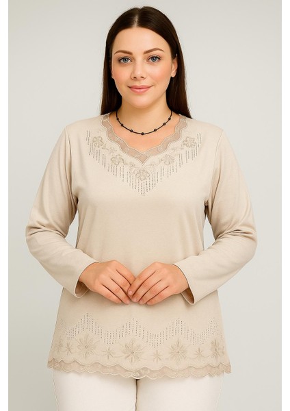Rahat Kesim V Yaka Etek Ucu Tül Inci Işlemeli Krem Anne Penye Bluz