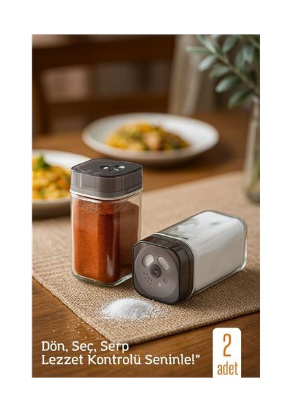 Hsnet Cam Tuzluk Baharatlık – 360° Döner Kapaklı | 3 Delik Tipiyle Ayarlanabilir Akış 2 Ad
