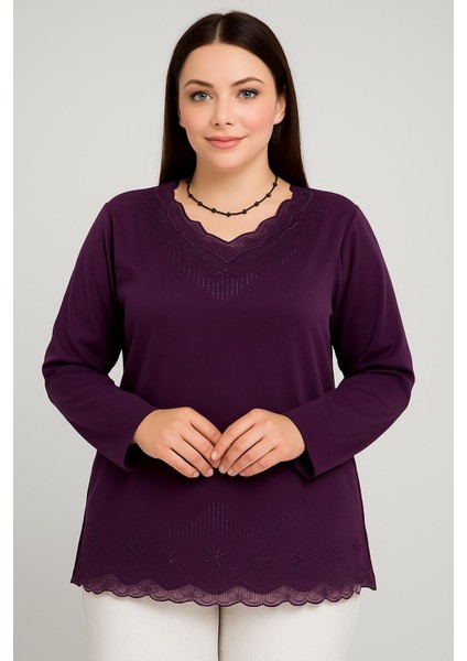 Rahat Kesim V Yaka Etek Ucu Tül Inci Işlemeli Mor Anne Penye Bluz