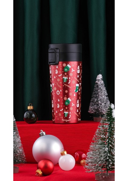 Yılbaşı Temalı 380Ml SUS304 Çelik Termos Mug 6 Saat Sıcak 12 Saat Soğuk Tutma
