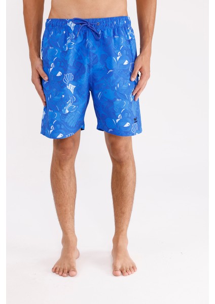 Deniz Temalı Desenli Hafif Dokulu Kordonlu Bel Ayarlı Yan Cepli Diz Üstü Rahat Kesim Deniz Şortu