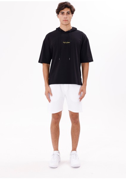 Göğüs Yazı Detaylı Kordonlu Kapüşon Geniş Kalıp Kısa Kollu Rahat Kesim Kapüşonlu Tişört