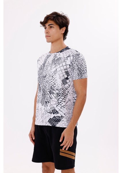 Modern Baskı Detaylı Hafif Jarse Kumaş Rahat Kalıp Bisiklet Yaka Tişört fiyatları