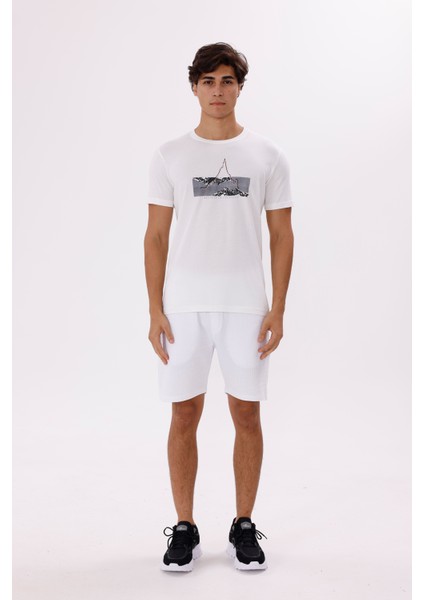 Dağ Grafikli Bisiklet Yaka Yazı Detaylı Rahat Kalıp Pamuklu Tişört