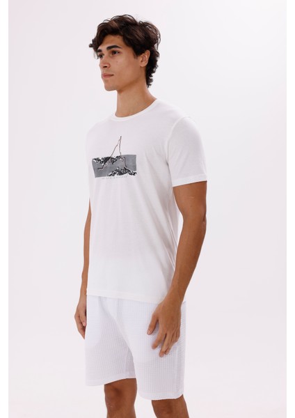 Dağ Grafikli Bisiklet Yaka Yazı Detaylı Rahat Kalıp Pamuklu Tişört fiyatları