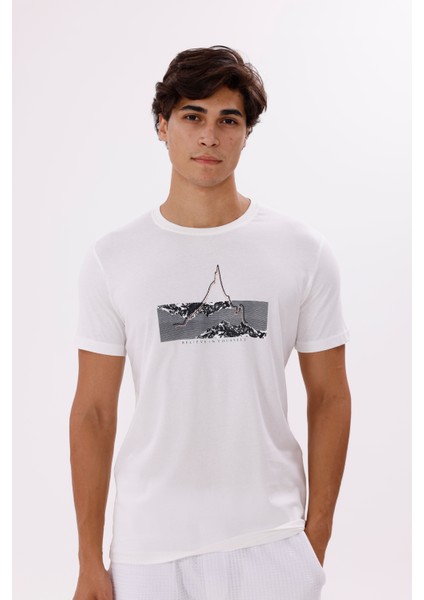 Dağ Grafikli Bisiklet Yaka Yazı Detaylı Rahat Kalıp Pamuklu Tişört indirimleri