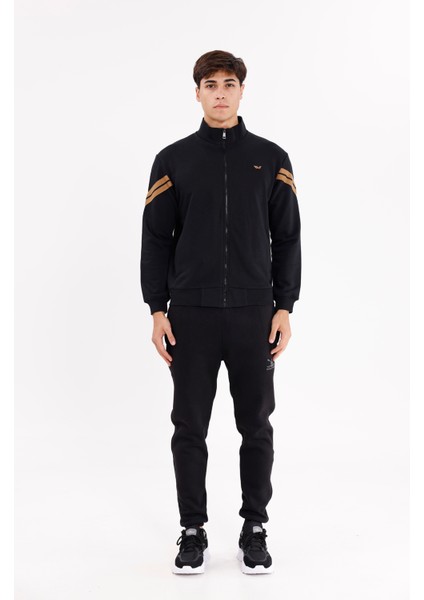 Dik Yaka Çift Şerit Kollu Tam Fermuarlı Sweatshirt