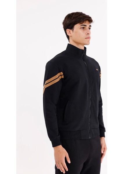 Dik Yaka Çift Şerit Kollu Tam Fermuarlı Sweatshirt fırsatları