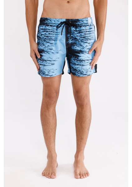 Palermo Dijital Desenli Ayarlanabilir Bağcıklı Elastik Bel Yan Fermuarlı Cepli Hızlı Kuruyan Orta Boy Yazlık Deniz Şortu