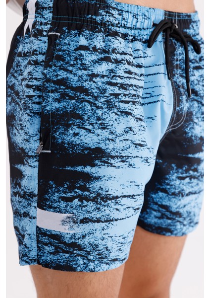 Palermo Dijital Desenli Ayarlanabilir Bağcıklı Elastik Bel Yan Fermuarlı Cepli Hızlı Kuruyan Orta Boy Yazlık Deniz Şortu indirimleri