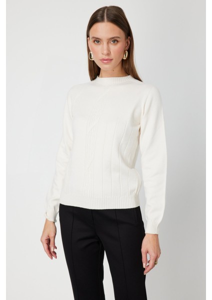 Kadın Örgülü Sıfır Yaka Triko Kazak 69313 Ekru