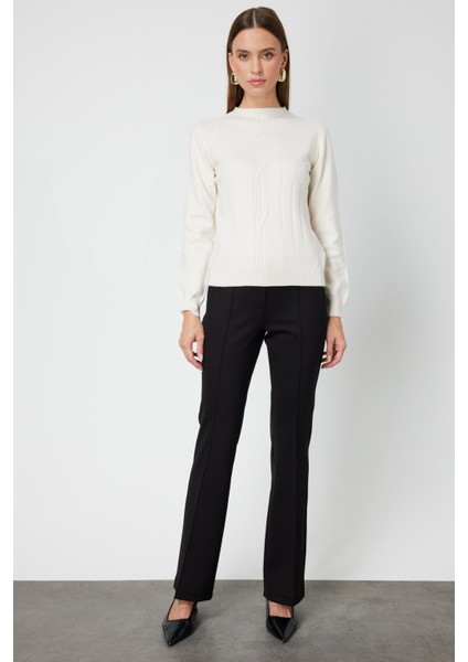 Kadın Örgülü Sıfır Yaka Triko Kazak 69313 Ekru modelleri
