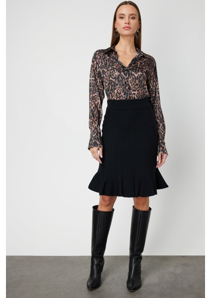 Kadın Eteği Pileli Diz Üstü Triko Etek 65200 Siyah