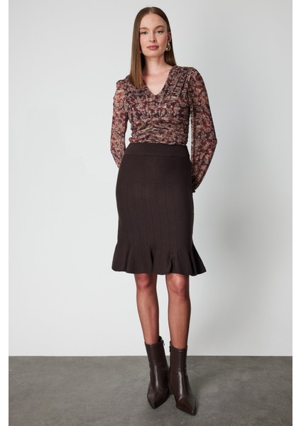 Kadın Eteği Pileli Diz Üstü Triko Etek 65200 Kahverengi
