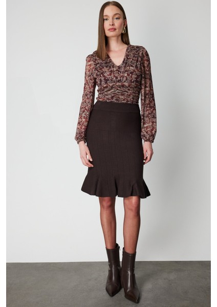 Kadın Eteği Pileli Diz Üstü Triko Etek 65200 Kahverengi fiyatları