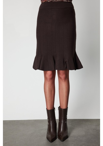 Kadın Eteği Pileli Diz Üstü Triko Etek 65200 Kahverengi modelleri