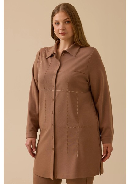 Kadın Büyük Beden Dikiş Desenli Tunik 4013 Camel