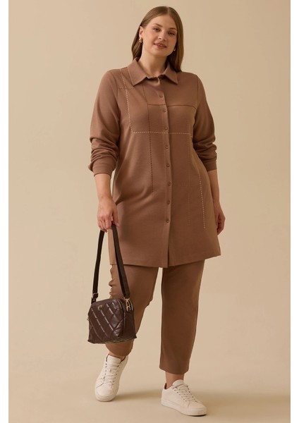 Kadın Büyük Beden Dikiş Desenli Tunik 4013 Camel fiyatları