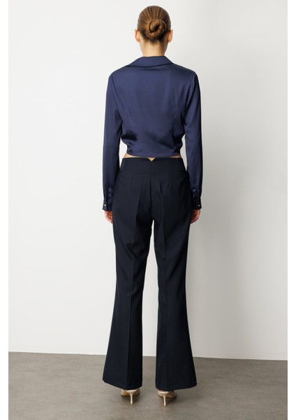 Kadın Beli Kalın Lastikli Ispanyol Paça Pantolon 1105 Lacivert fırsatları