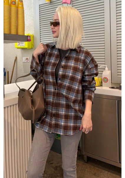 Bebe Mavisi Oversize Ekose Desenli Kadın Gömlek MG2589 fırsatları