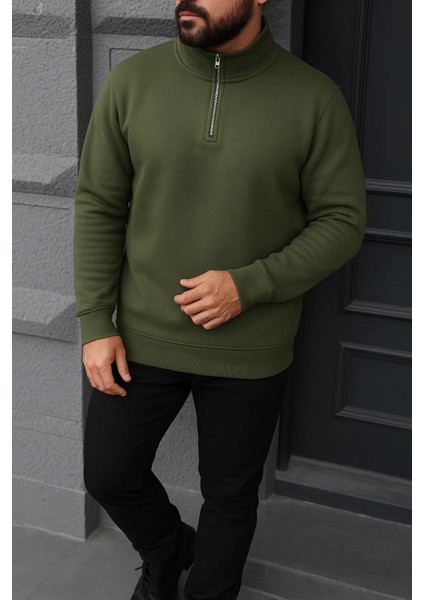 Erkek Kışlık Basic Haki Fermuarlı Sweatshirt fiyatları