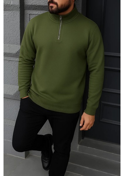 Erkek Kışlık Basic Haki Fermuarlı Sweatshirt modelleri