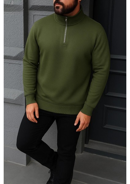 Erkek Kışlık Basic Haki Fermuarlı Sweatshirt fırsatları