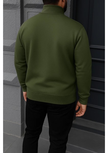 Erkek Kışlık Basic Haki Fermuarlı Sweatshirt