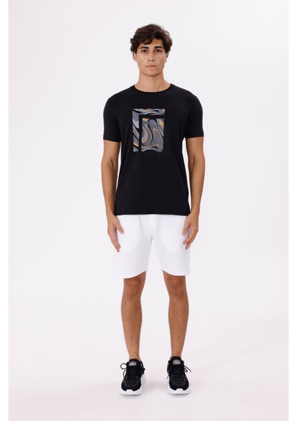 Geometrik Dalga Desenli Ön Baskı Detaylı Bisiklet Yaka Rahat Kalıp Kısa Kollu Tişört