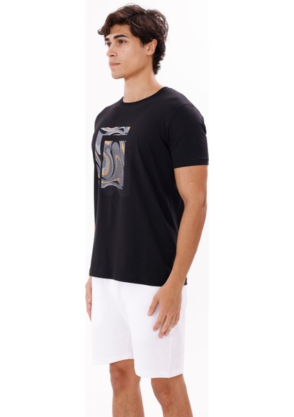 Geometrik Dalga Desenli Ön Baskı Detaylı Bisiklet Yaka Rahat Kalıp Kısa Kollu Tişört fiyatları