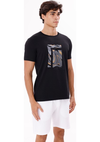 Geometrik Dalga Desenli Ön Baskı Detaylı Bisiklet Yaka Rahat Kalıp Kısa Kollu Tişört fırsatları