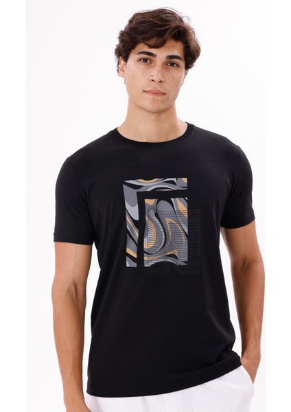 Geometrik Dalga Desenli Ön Baskı Detaylı Bisiklet Yaka Rahat Kalıp Kısa Kollu Tişört indirimleri