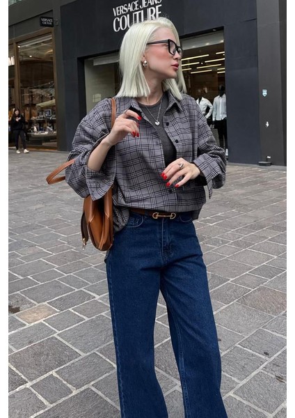 Gri Oversize Ekose Desenli Kadın Gömlek MG2589 fiyatları