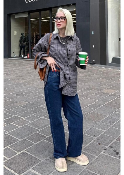 Gri Oversize Ekose Desenli Kadın Gömlek MG2589 modelleri