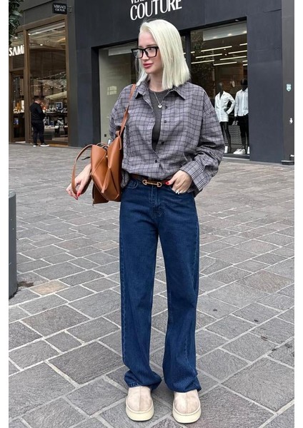Gri Oversize Ekose Desenli Kadın Gömlek MG2589 fırsatları