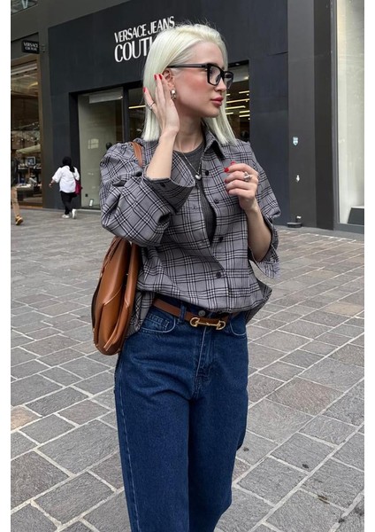 Gri Oversize Ekose Desenli Kadın Gömlek MG2589 indirimleri