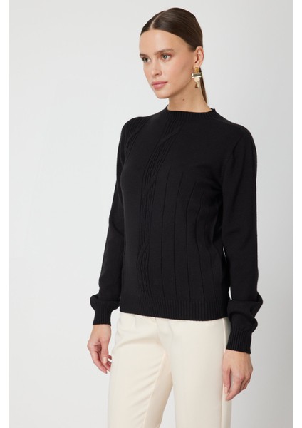 Kadın Örgülü Sıfır Yaka Triko Kazak 69313 Siyah