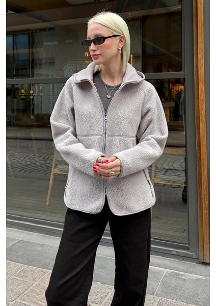 Gri Fermuarlı Kapüşonlu Polar Kadın Ceket MG2569