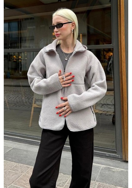 Gri Fermuarlı Kapüşonlu Polar Kadın Ceket MG2569 modelleri